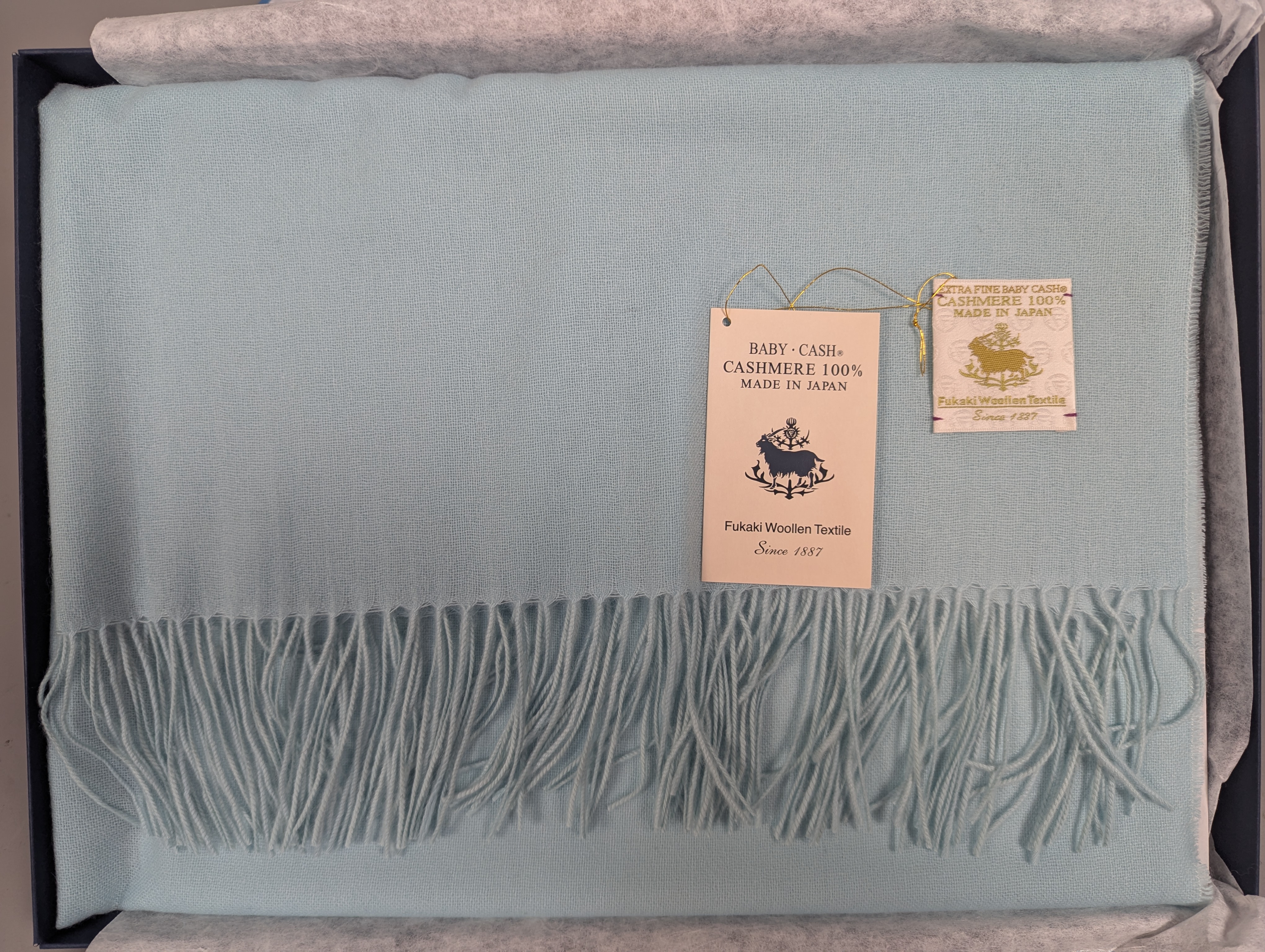 Fukaki Woolen Texture Baby Cashmere Scarf – Model 639-W38 – Sax Blue – 78 cm x 184 cm